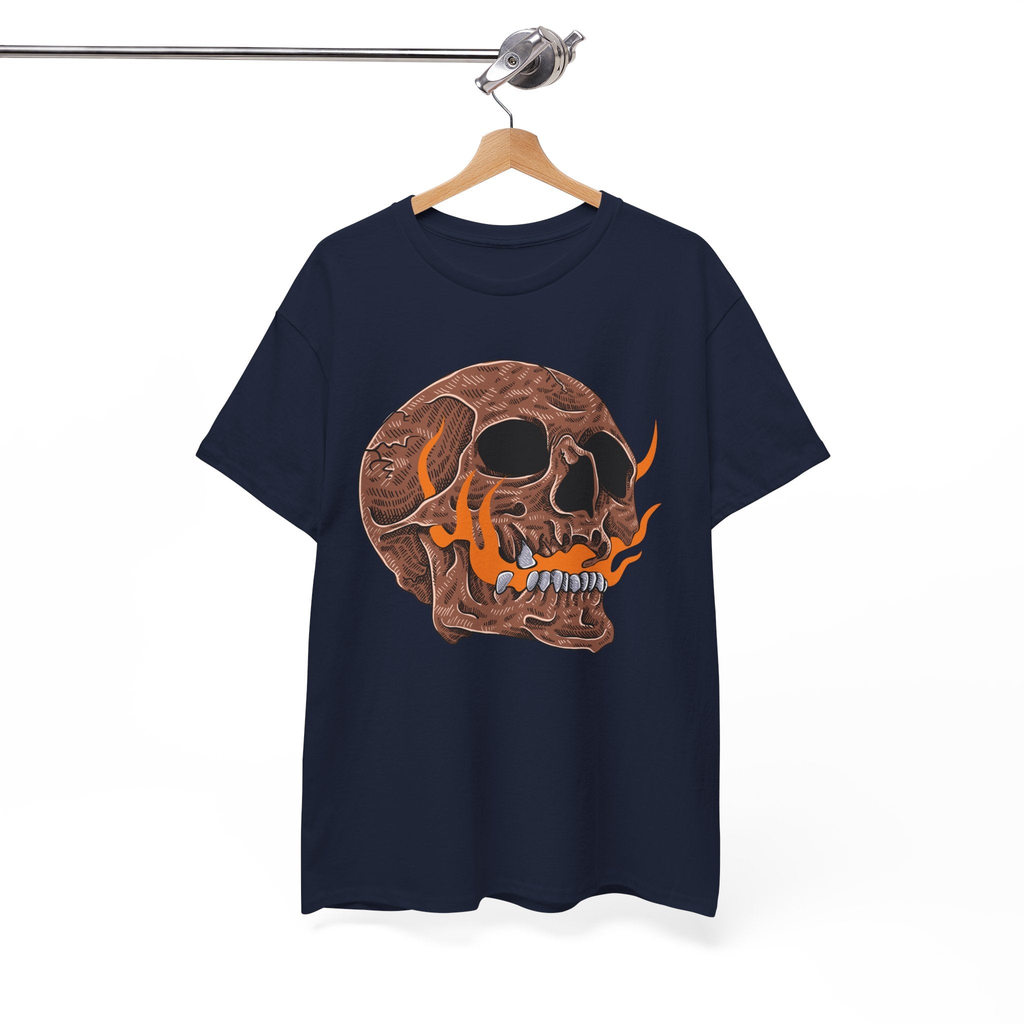 Flaming Skull Unisex Heavy Cotton Tee, Casual Graphic Tee