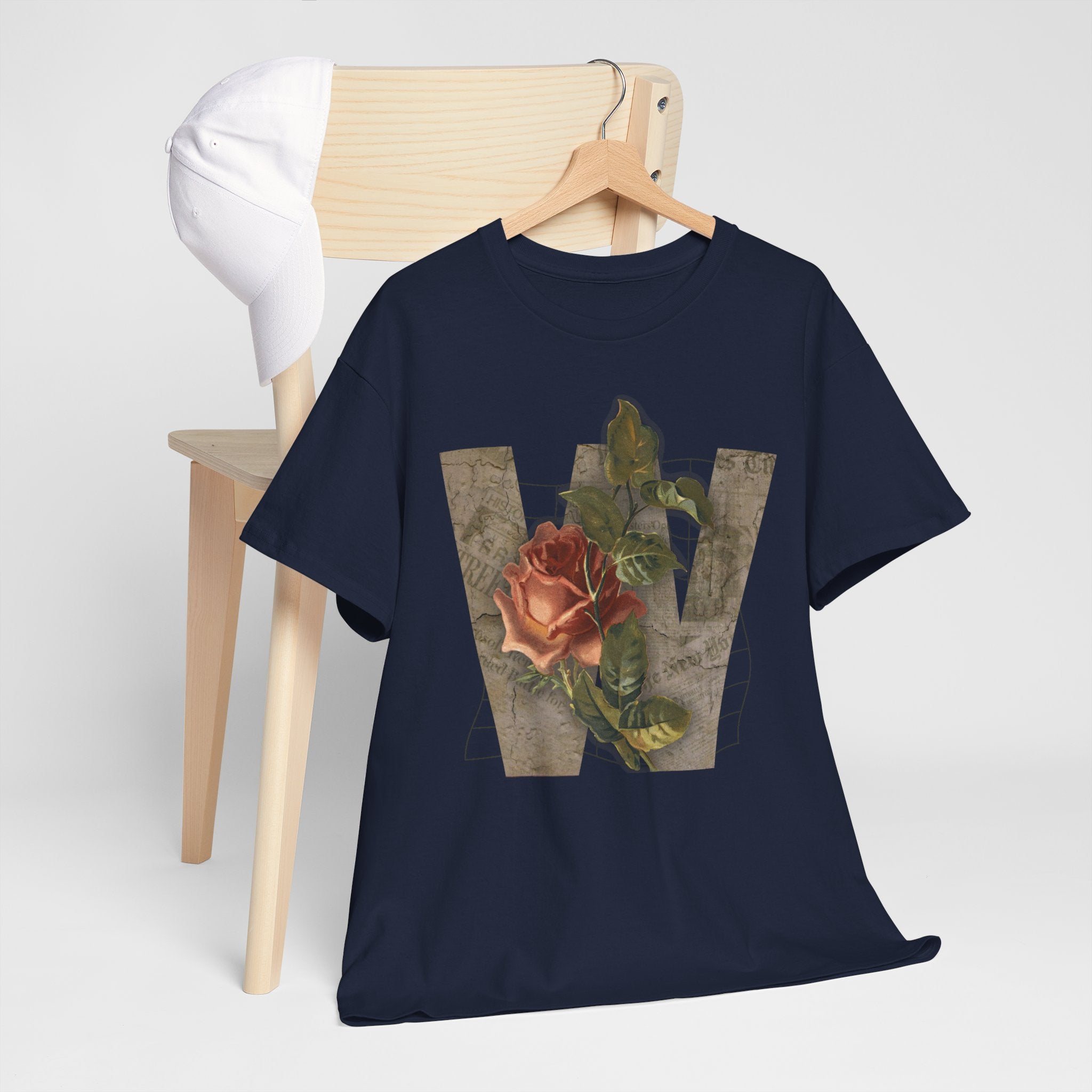 Rose Initial Unisex Heavy Cotton Tee, Floral Graphic Tee