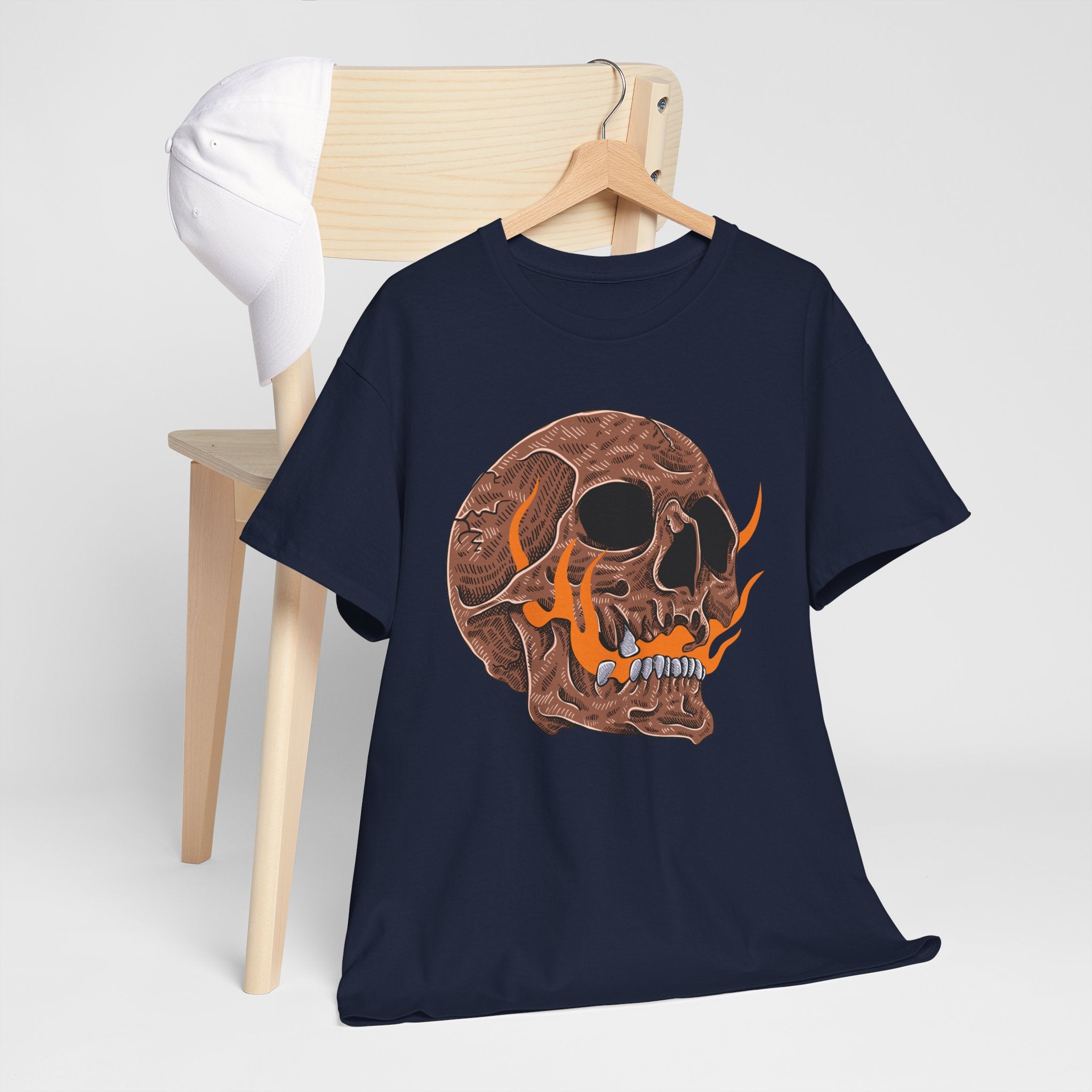 Flaming Skull Unisex Heavy Cotton Tee, Casual Graphic Tee