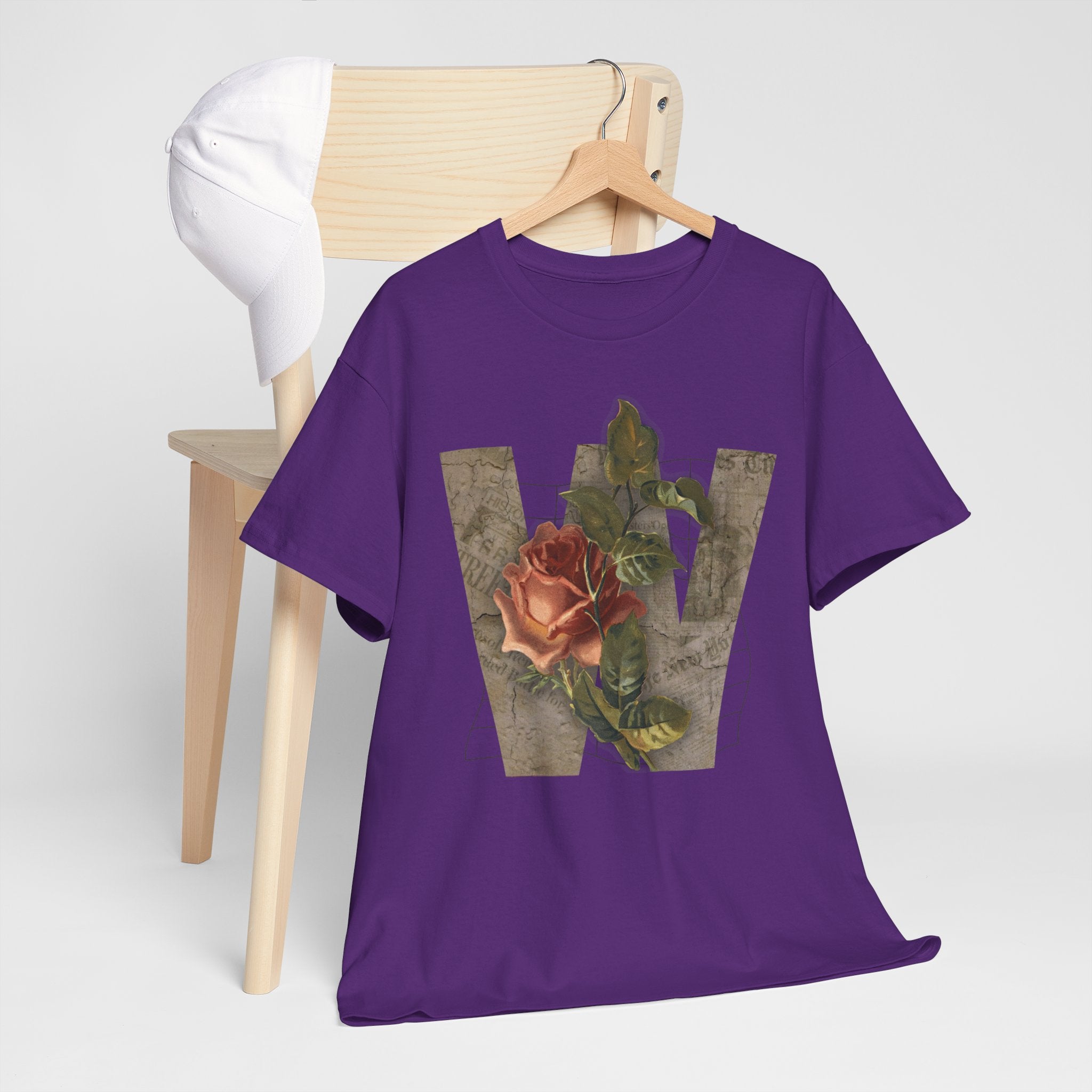 Rose Initial Unisex Heavy Cotton Tee, Floral Graphic Tee