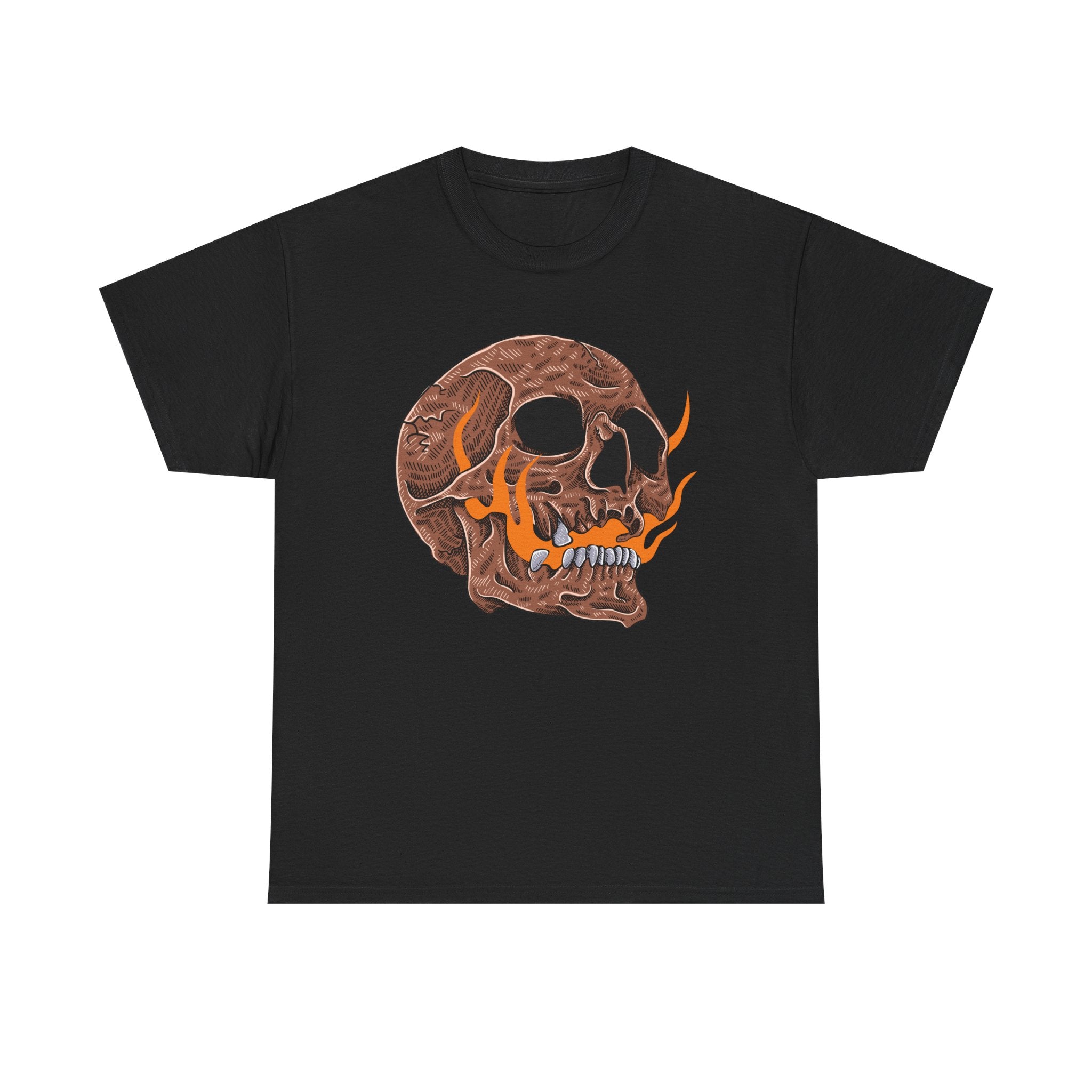 Flaming Skull Unisex Heavy Cotton Tee, Casual Graphic Tee