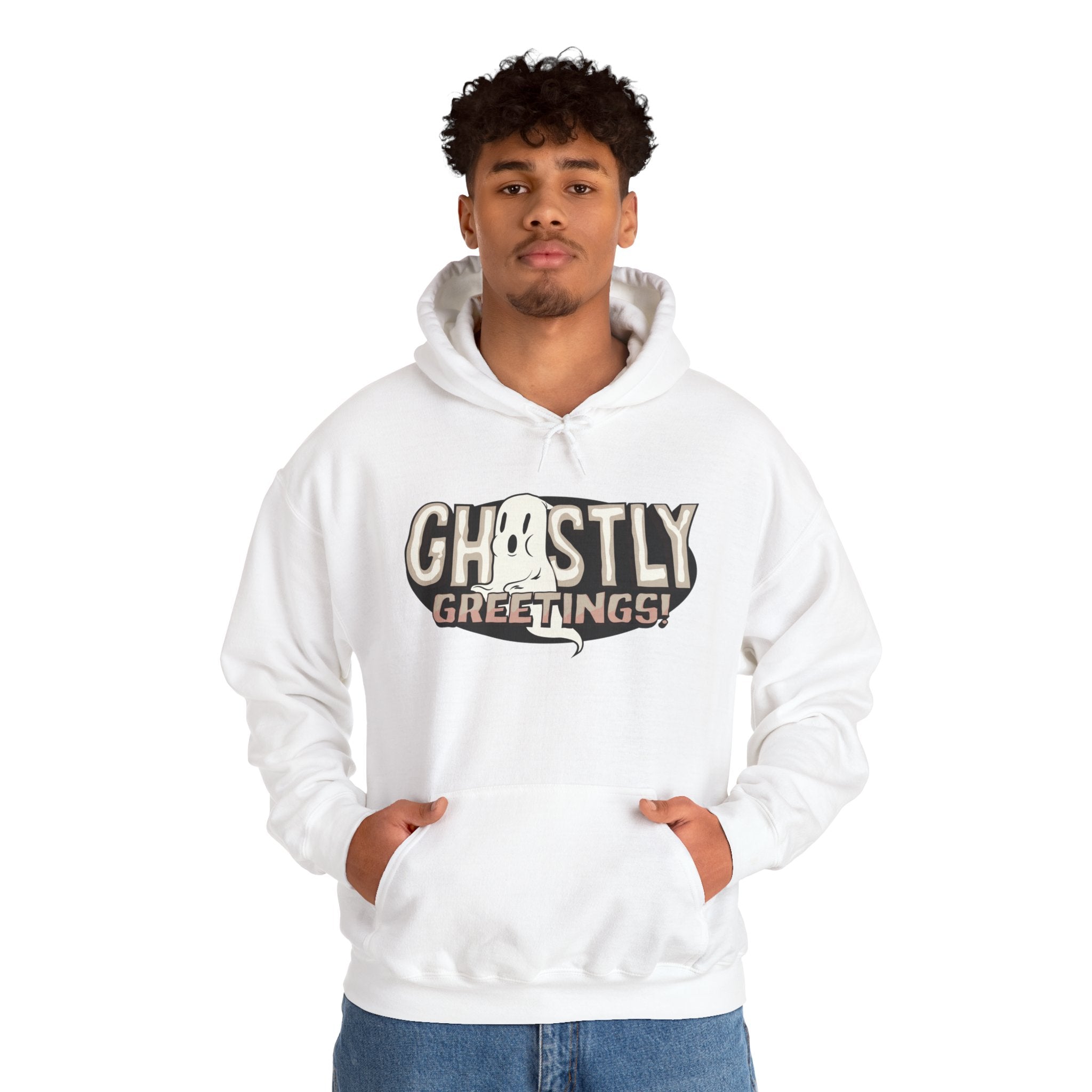 Ghostly Greeting Unisex Hooded Sweatshirt Perfect for Halloween Cozy