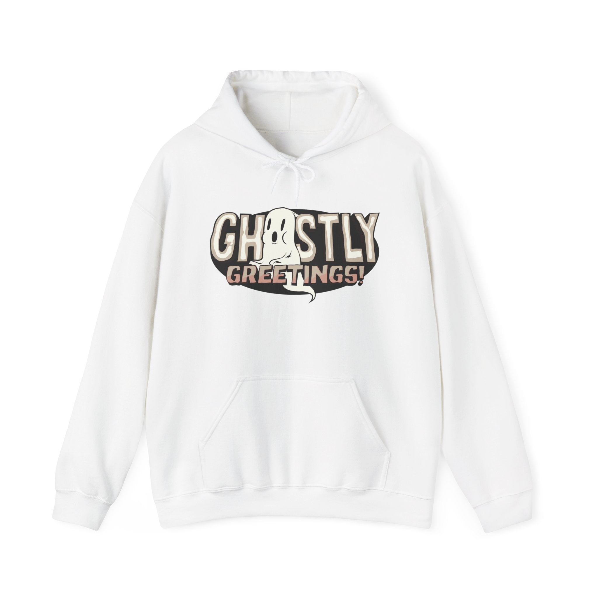 Ghostly Greeting Unisex Hooded Sweatshirt Perfect for Halloween Cozy