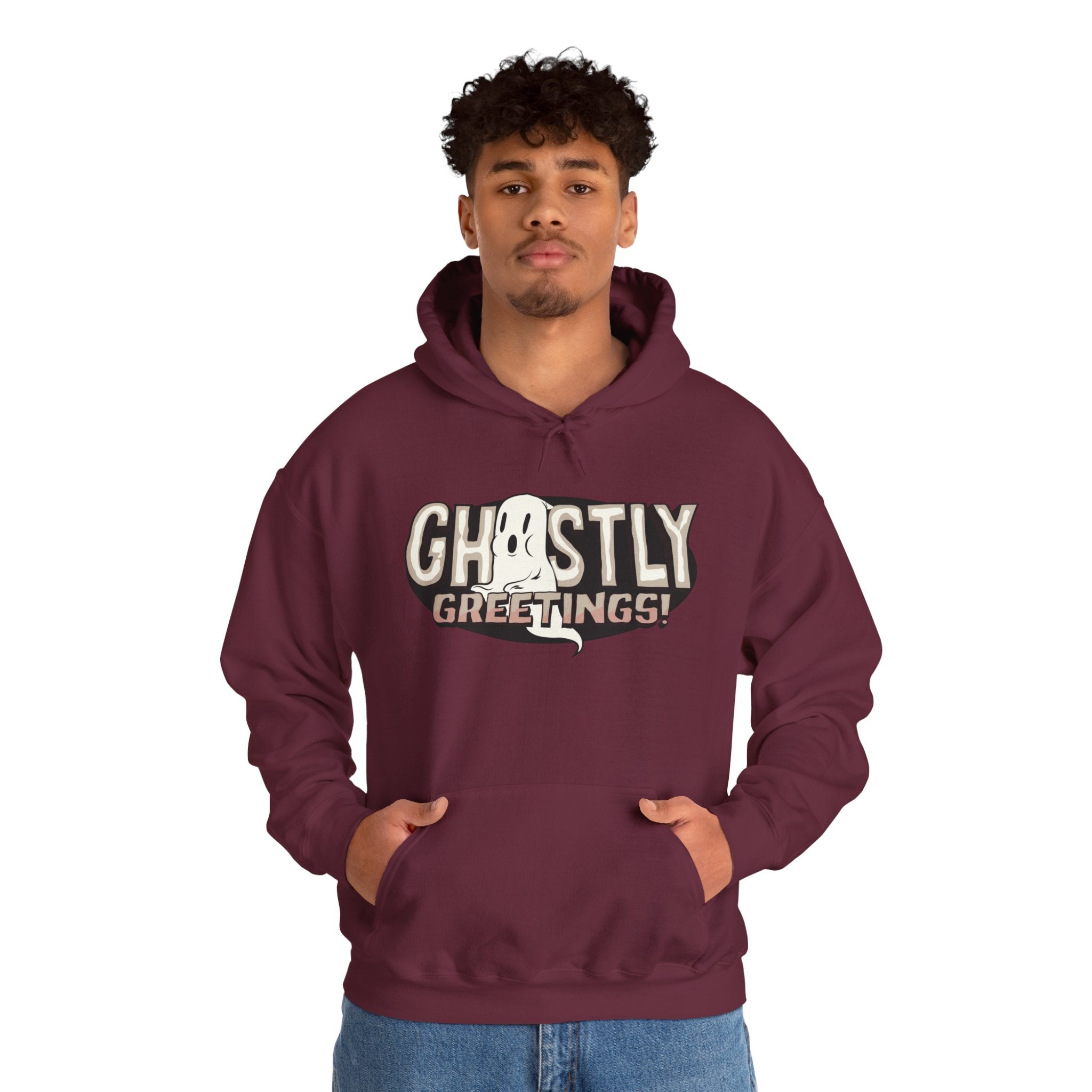 Ghostly Greeting Unisex Hooded Sweatshirt Perfect for Halloween Cozy