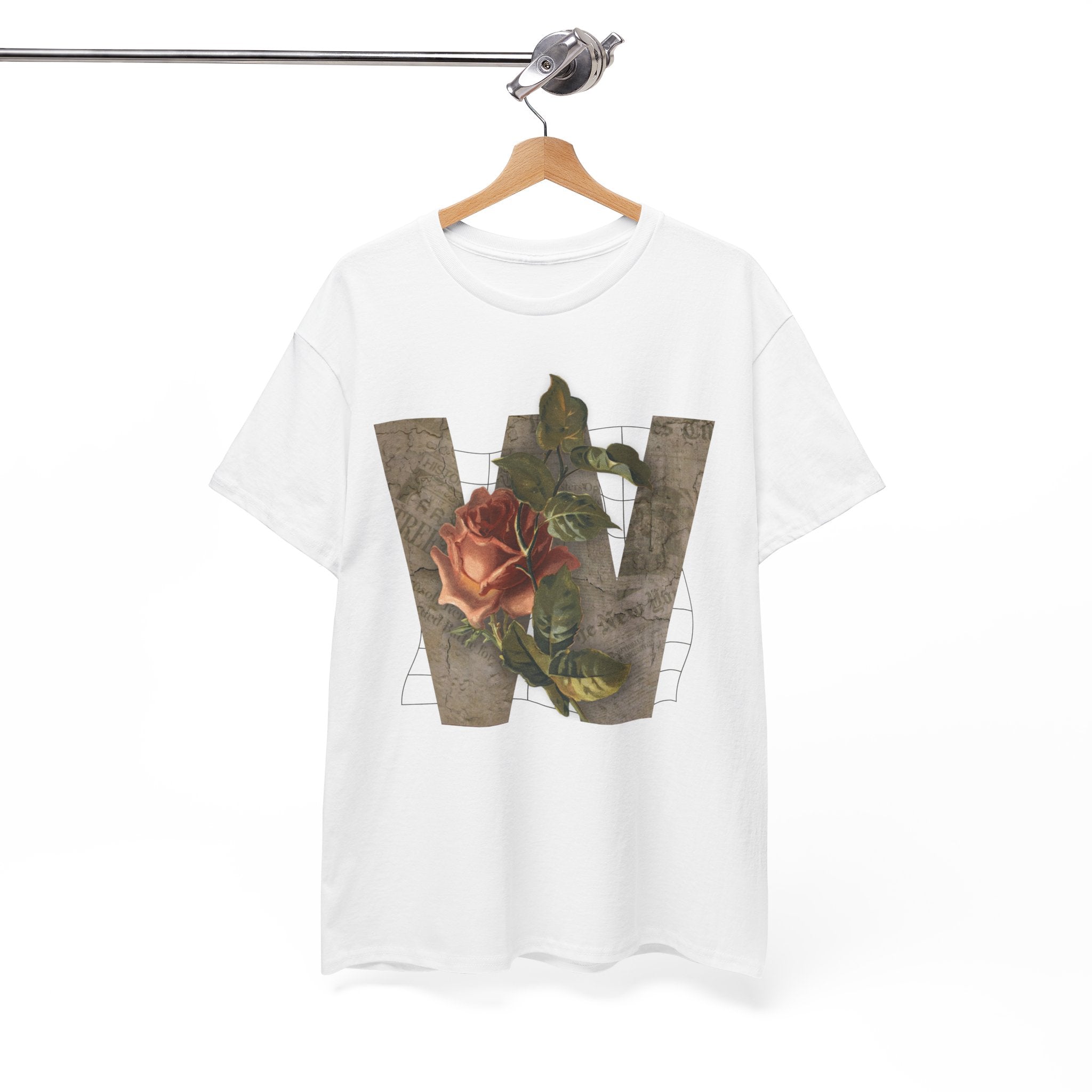 Rose Initial Unisex Heavy Cotton Tee, Floral Graphic Tee