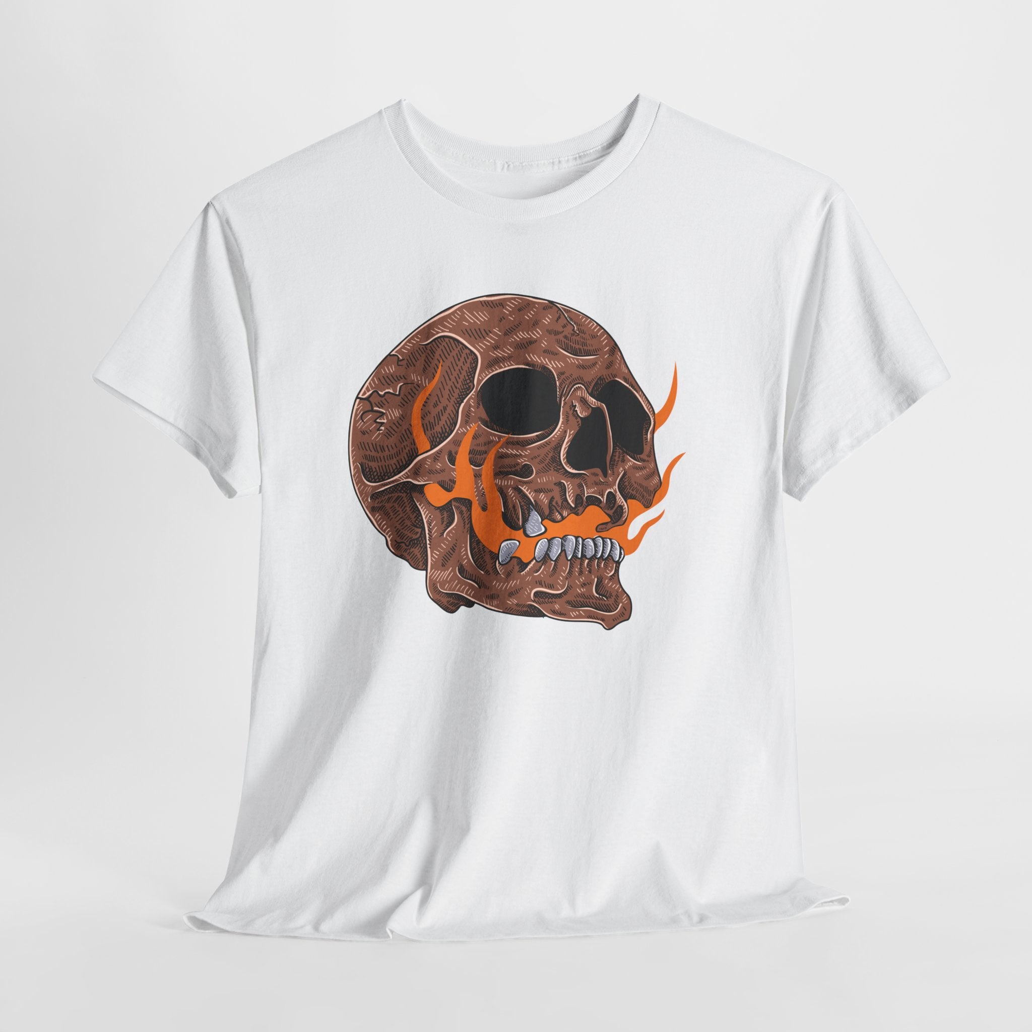 Flaming Skull Unisex Heavy Cotton Tee, Casual Graphic Tee