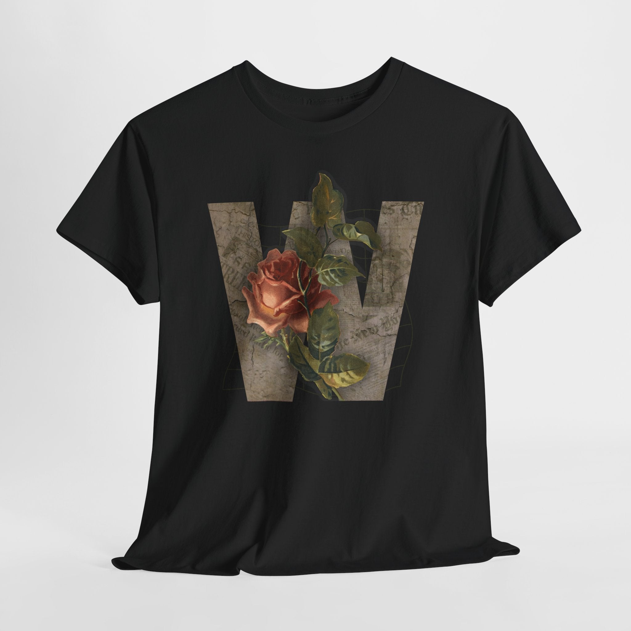 Rose Initial Unisex Heavy Cotton Tee, Floral Graphic Tee
