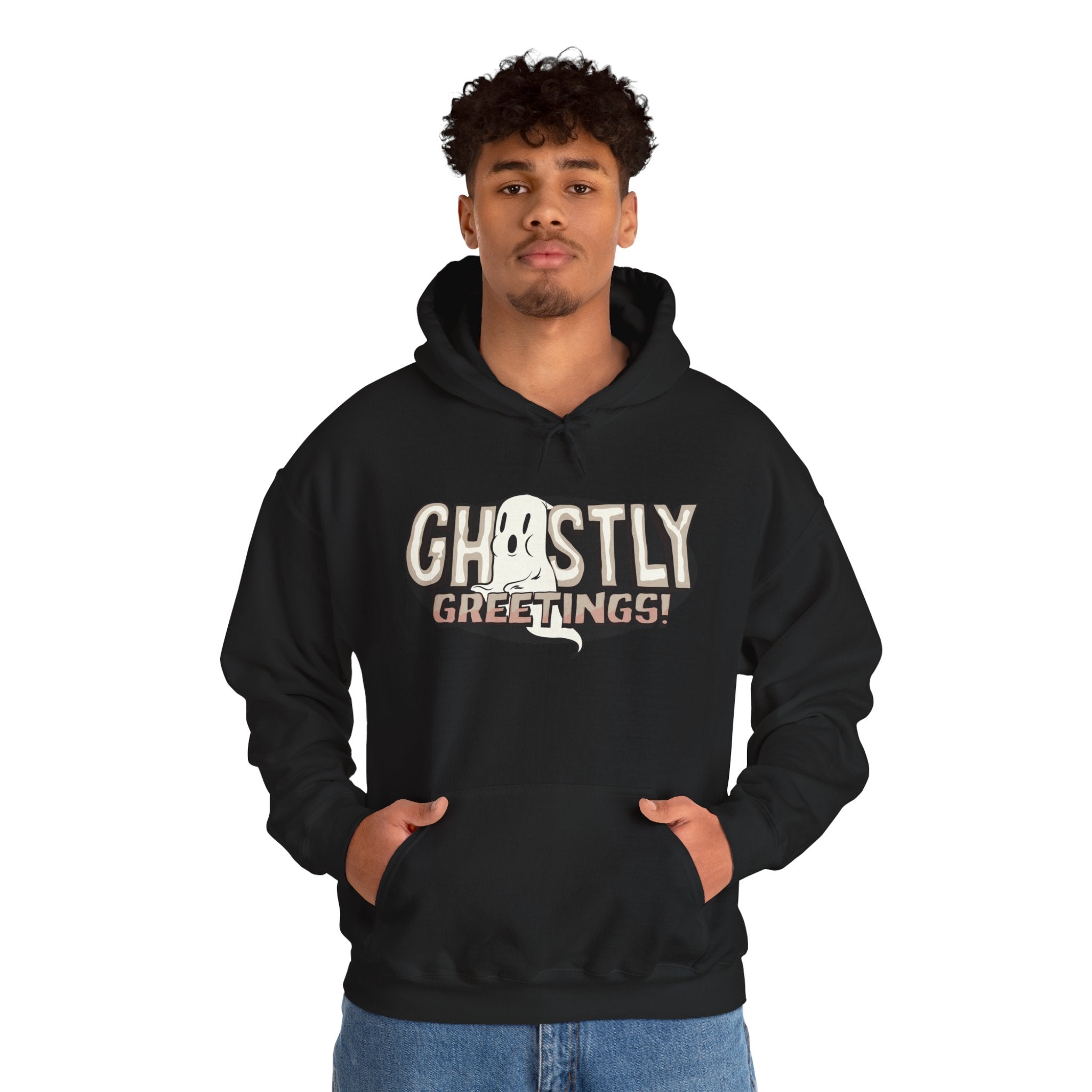 Ghostly Greeting Unisex Hooded Sweatshirt Perfect for Halloween Cozy