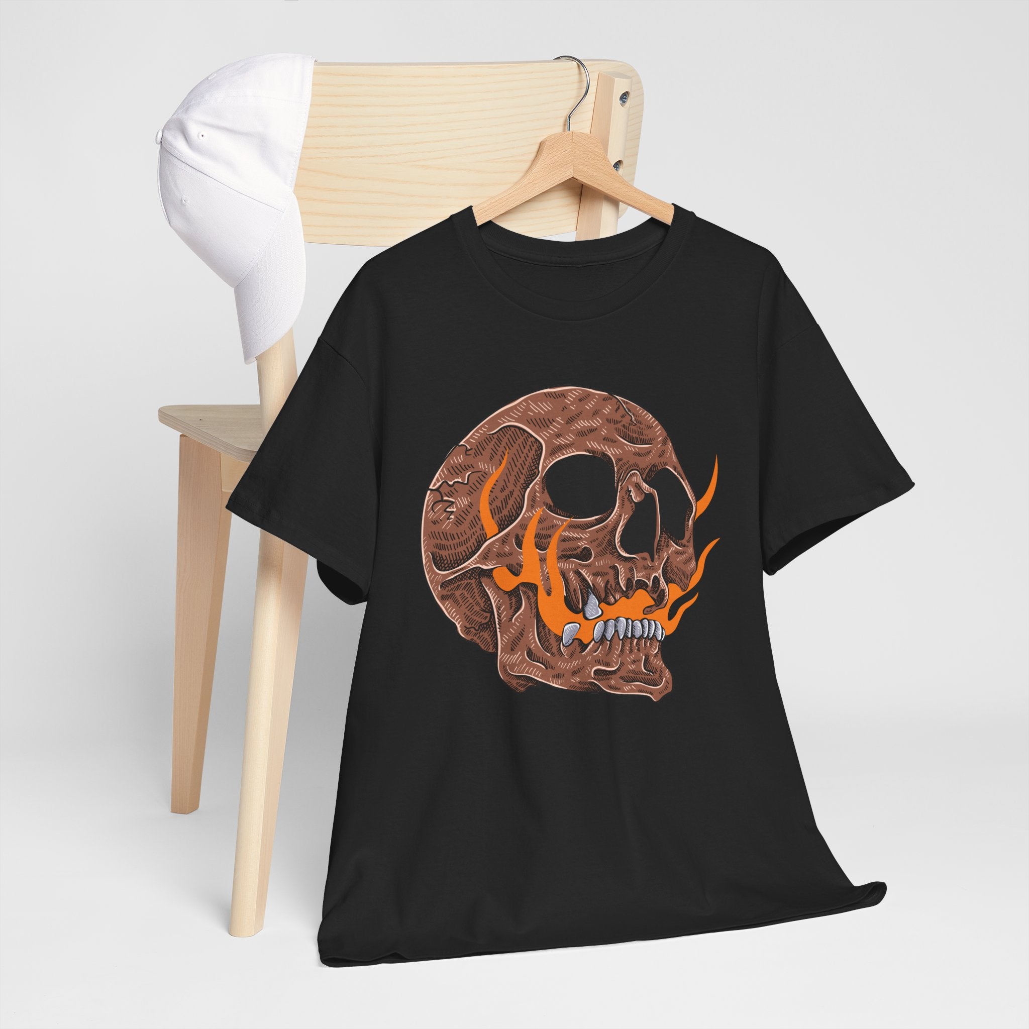 Flaming Skull Unisex Heavy Cotton Tee, Casual Graphic Tee