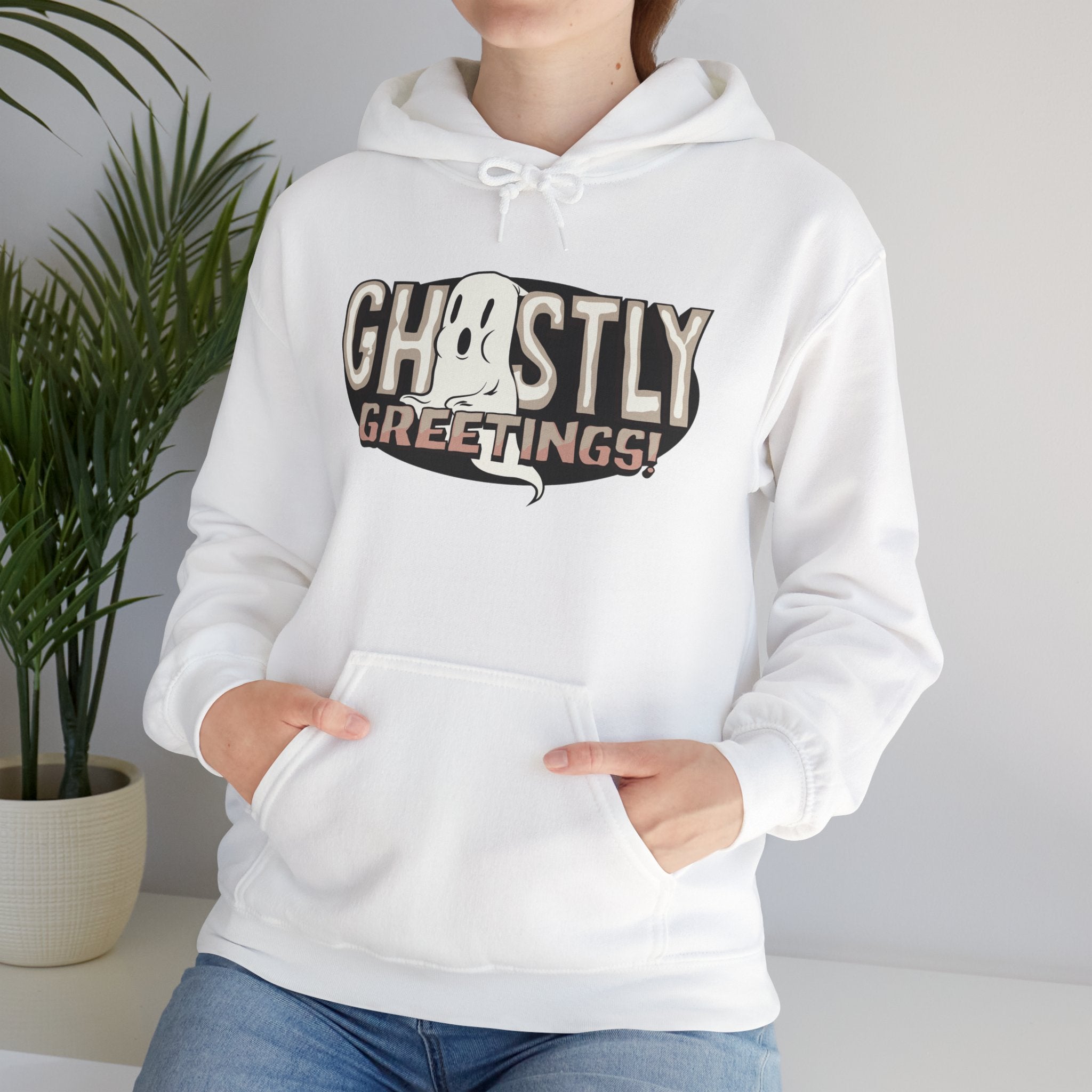 Ghostly Greeting Unisex Hooded Sweatshirt Perfect for Halloween Cozy
