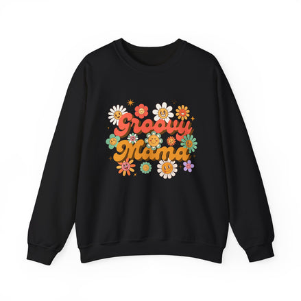 Sweatshirt Retro Groovy Mama avec design floral coloré sur fond noir, parfait cadeau pour les mamans.