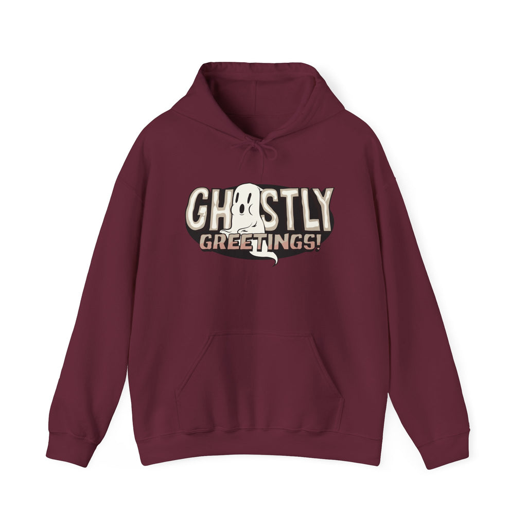 Ghostly Greeting Unisex Hooded Sweatshirt Perfect for Halloween Cozy