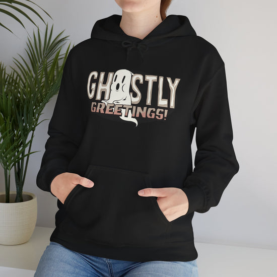Ghostly Greeting Unisex Hooded Sweatshirt Perfect for Halloween Cozy