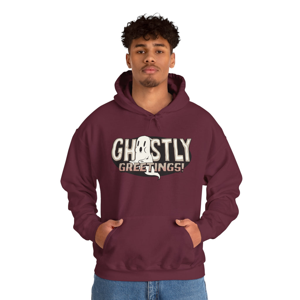 Ghostly Greeting Unisex Hooded Sweatshirt Perfect for Halloween Cozy