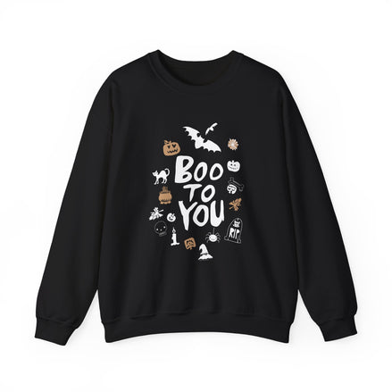 Halloween Boo Crewneck Sweatshirt with playful 'Boo to You' Halloween design on black fabric.