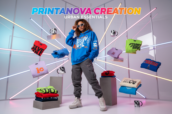 GENERATE ME A BANNER FOR FASHION WEARS SUCH AS HOODIES, MUGS, T-SHIRT, SWEATSHIRT AND ADD A REAL HUMAN BEING WITHN THE TXET PRINTANOVA CRATION WITH EYE CATCHING